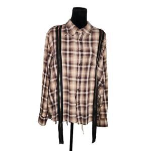 LF Furst Of A Kind Distressed Plaid Button Down Shirt Zippers Upcycled Grunge OS